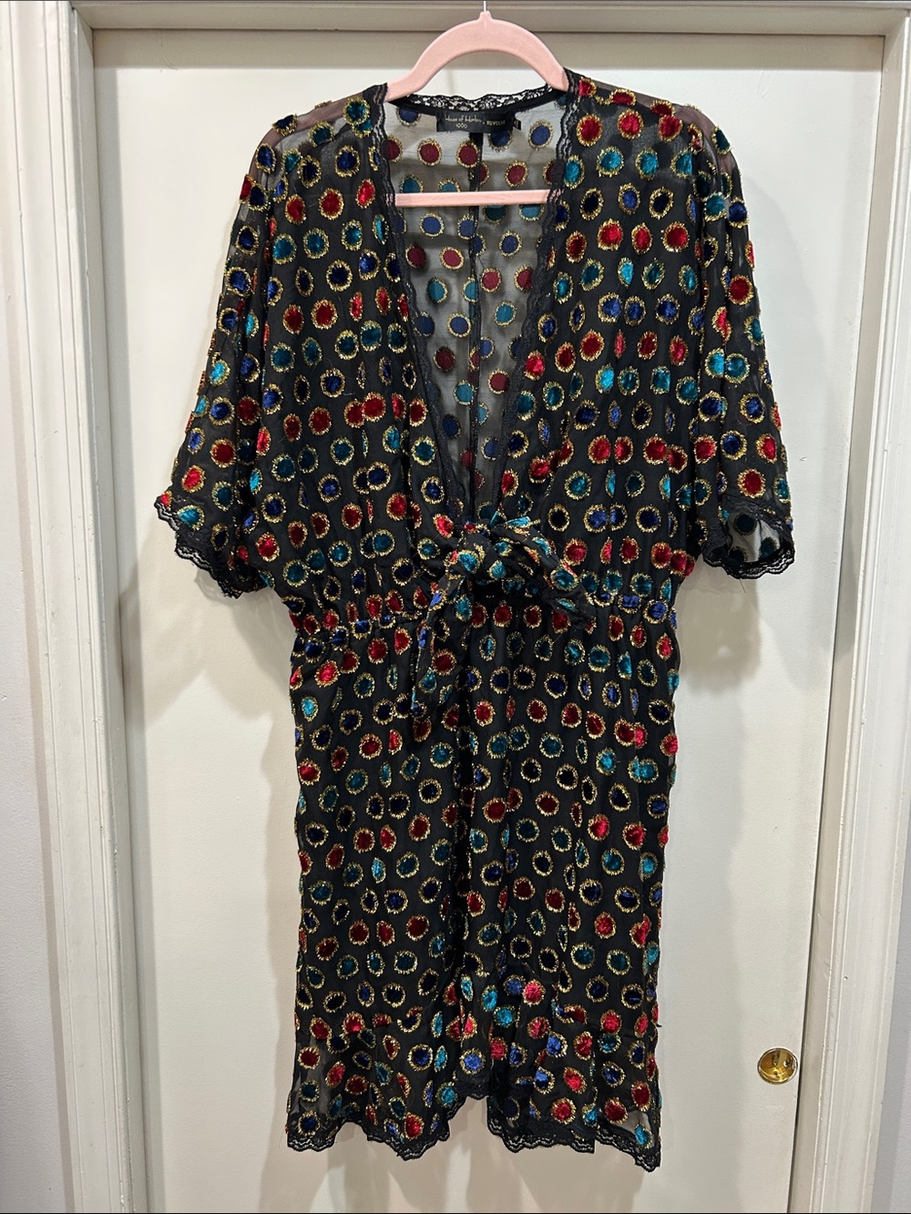 House of Harlow 1960 Black Sheer Mini Dress with Red, Blue, Gold Dot Motif